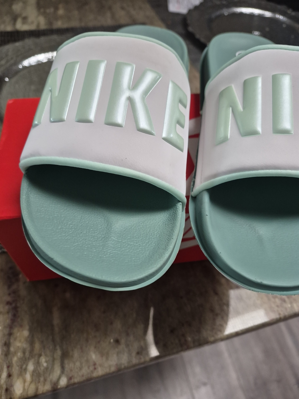 Nike Kids Mint Green and White Slide Sandals